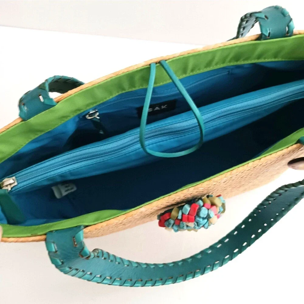The Sak Rattan Shoulder Tote Turquoise Leather Straps Multi Stone Toggle Button